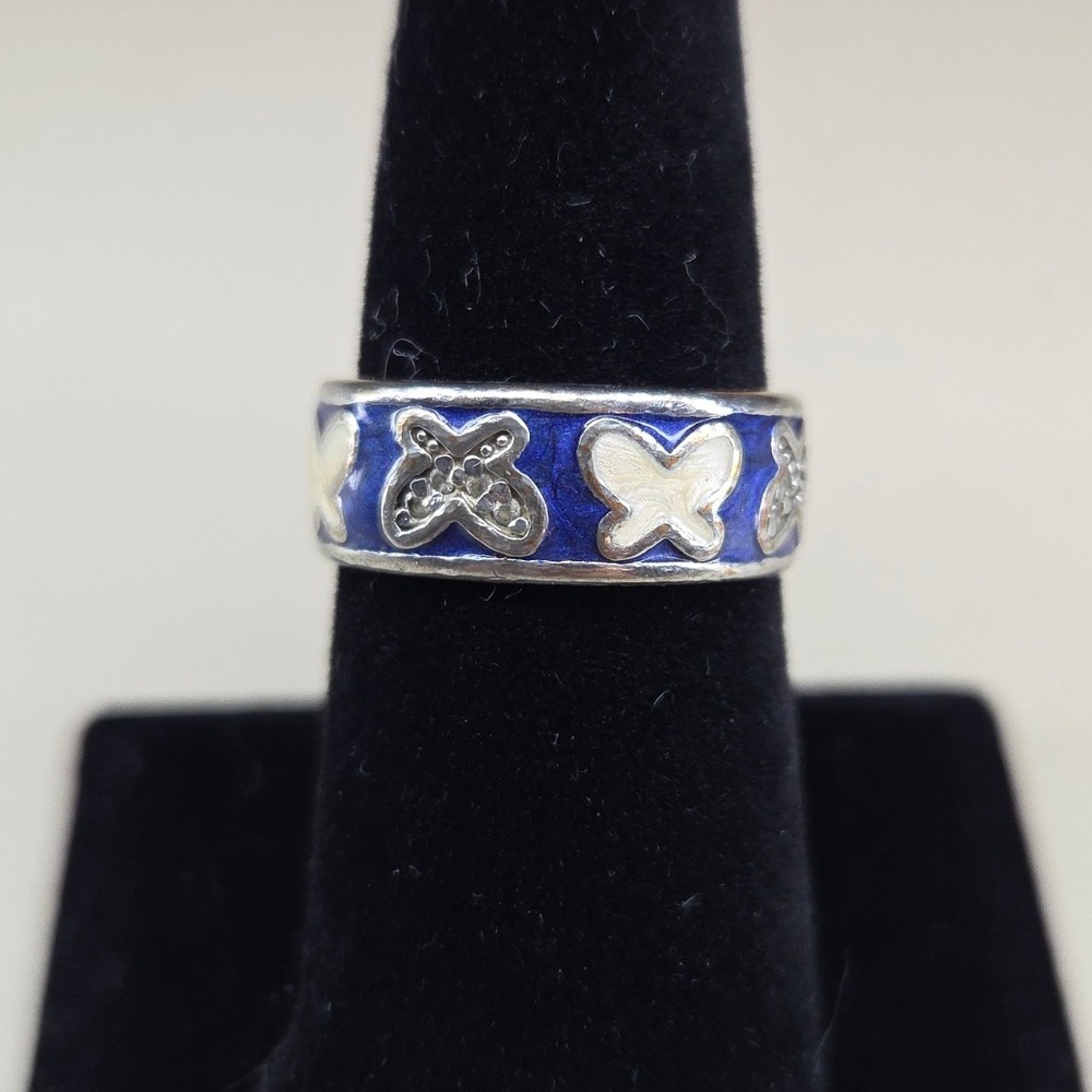 Silver Tone Blue Enamel Butterfly Band Ring with Crystals Size 8.5